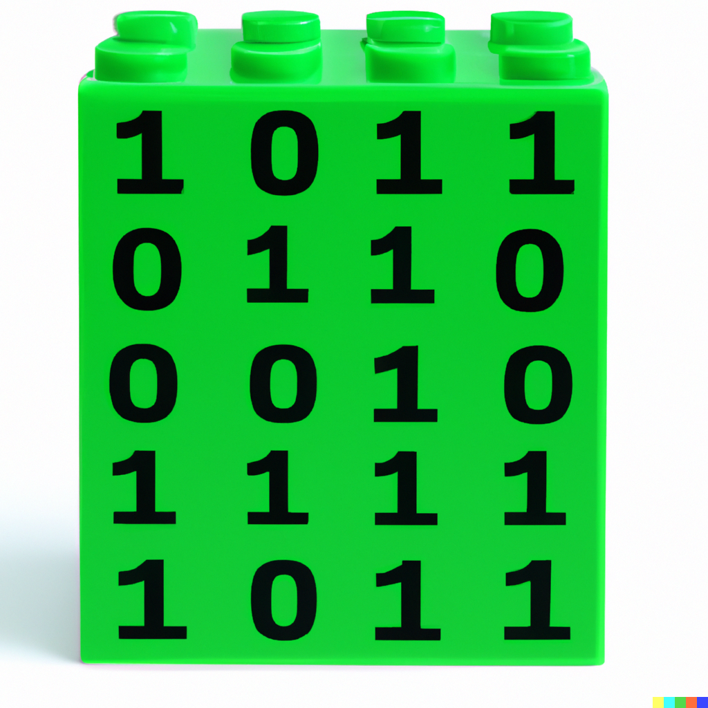 A LEGO® Brick Made From Binary Code In Green On A White Background