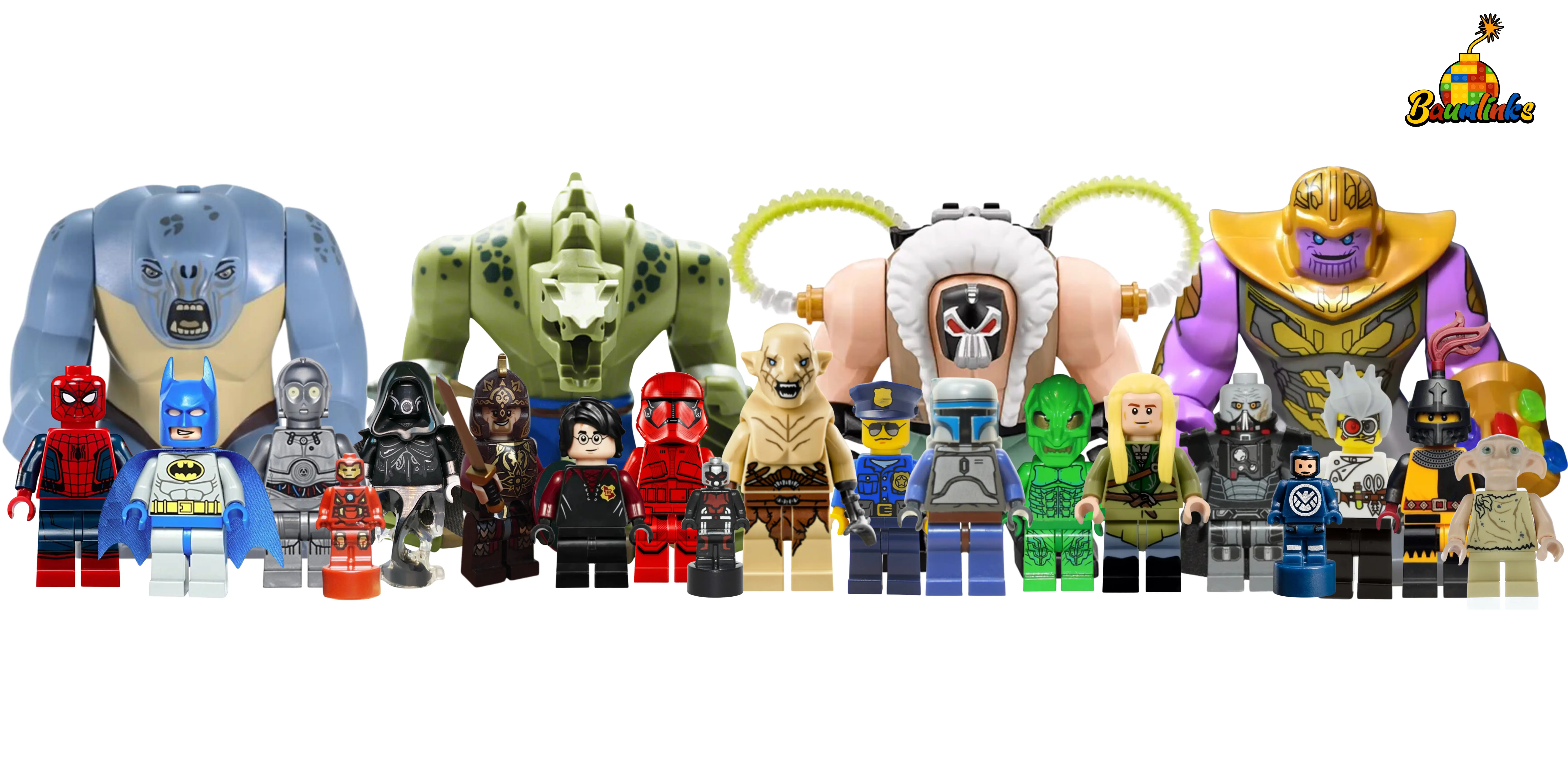Group Of Miscellaneous LEGO® Minifigures And LEGO® Big Figs Posed Together
