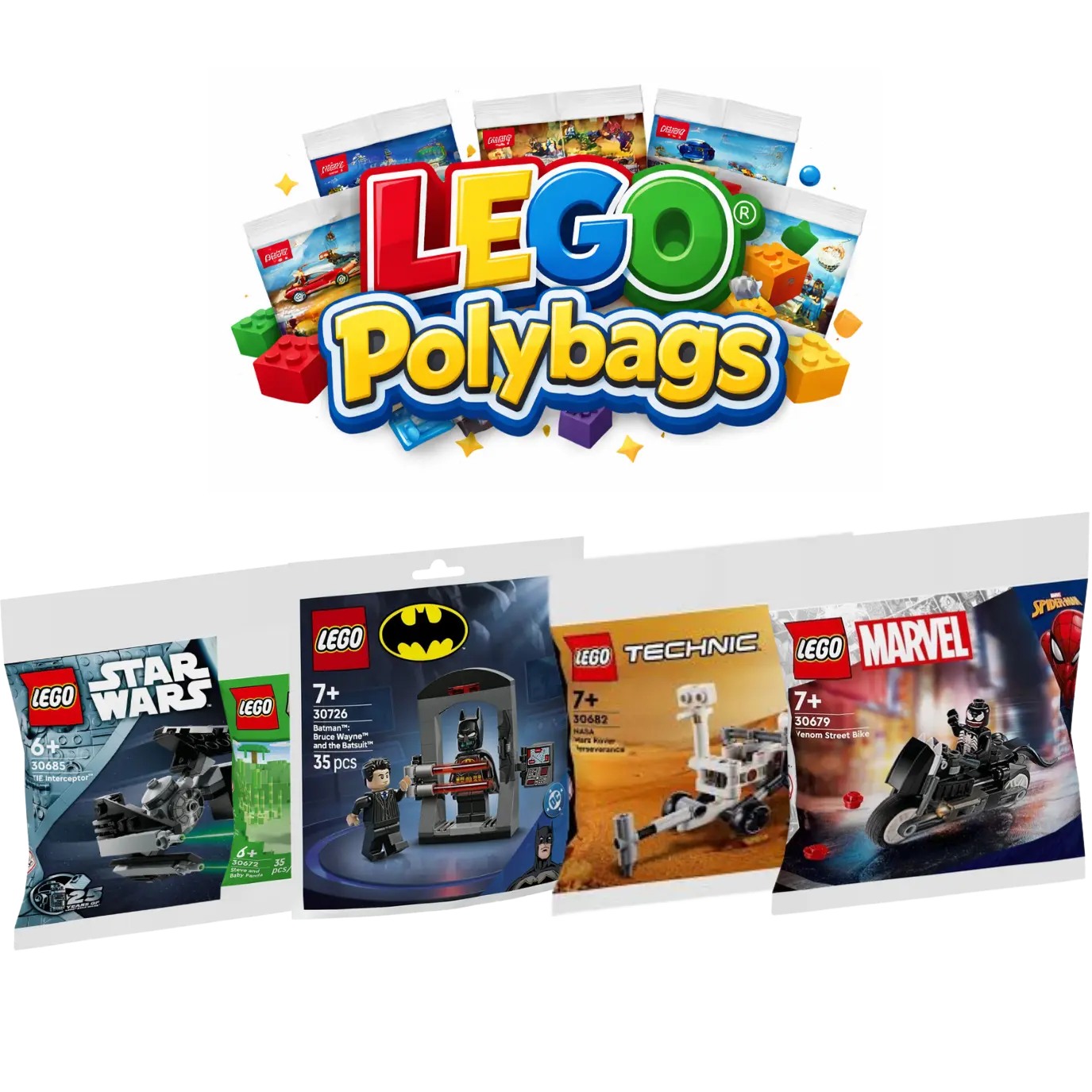 LEGO® Polybags logo with assorted LEGO polybag sets including Star Wars, Batman, Technic, and Marvel.