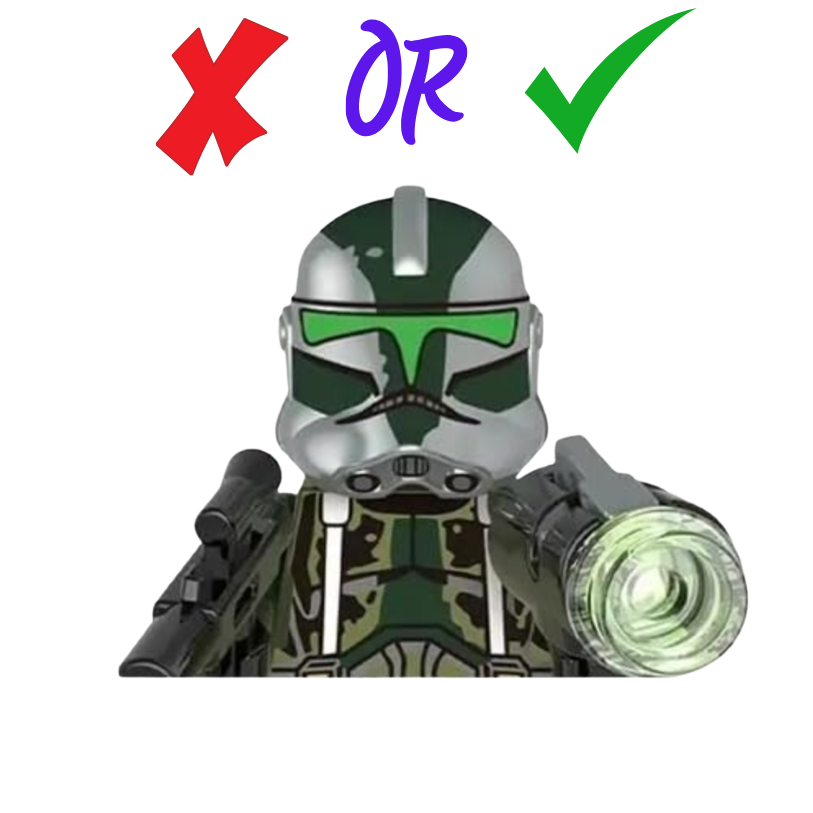 A Fake LEGO® Commando Clone Trooper With X Or Checkmark Written Above