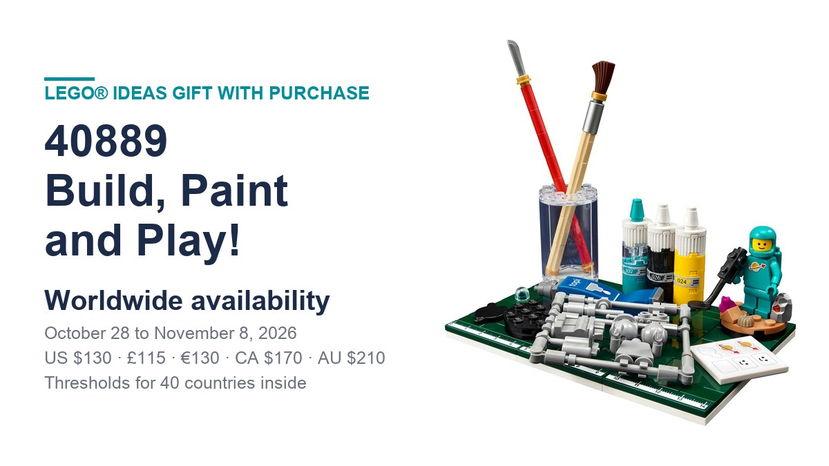 LEGO Ideas 40889 Build, Paint and Play gift with purchase, October 28 to November 8, 2026, with the worldwide spend thresholds